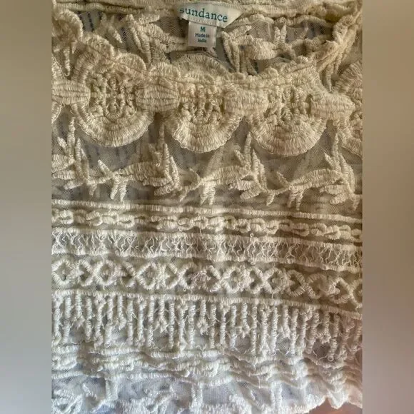 Sundance Embroidered Beige Short Sleeve Lace Mesh Blouse Sz M  Boho Lined - Picture 7 of 15